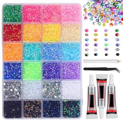 32000Pcs Resin Jelly Rhinestones for Bedazzling - 3mm Multicolor Flatback Gems DIY Kit with 3 B7000 Glue - for Nail Art, Diamond Art & Crafts Avelisse
