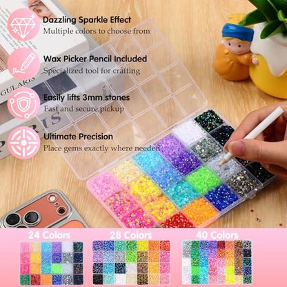 32000Pcs Resin Jelly Rhinestones for Bedazzling - 3mm Multicolor Flatback Gems DIY Kit with 3 B7000 Glue - for Nail Art, Diamond Art & Crafts Avelisse