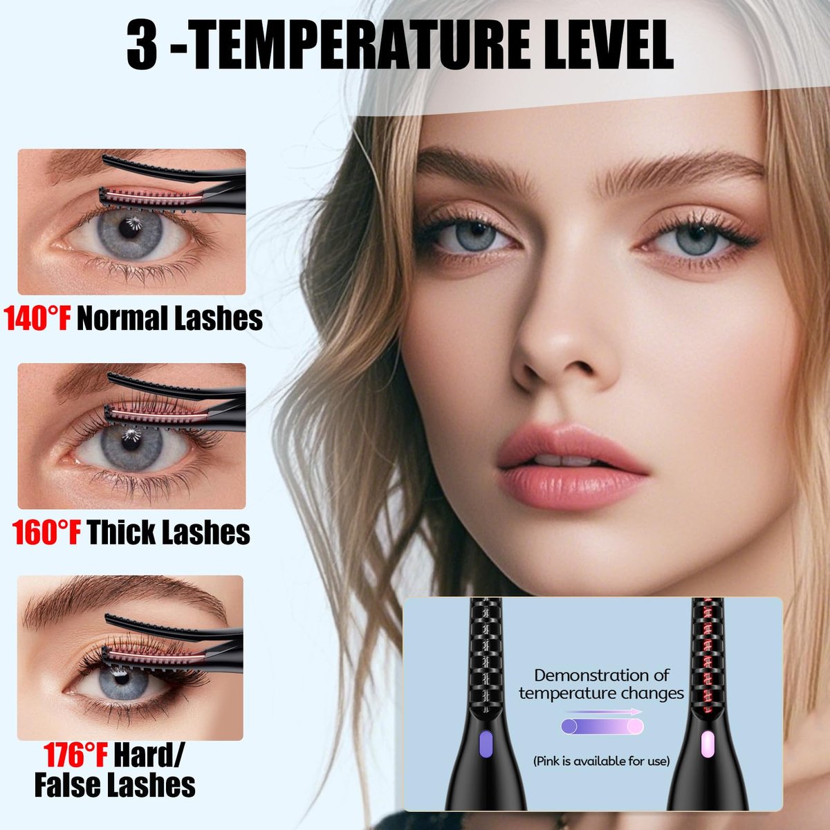 Dust2Oasis 2-in-1 Clip-Type Heated Eyelash Curler – USB Rechargeable, 3 Temperature Settings, Long-Lasting Natural Curl (Shiny Black) Avelisse