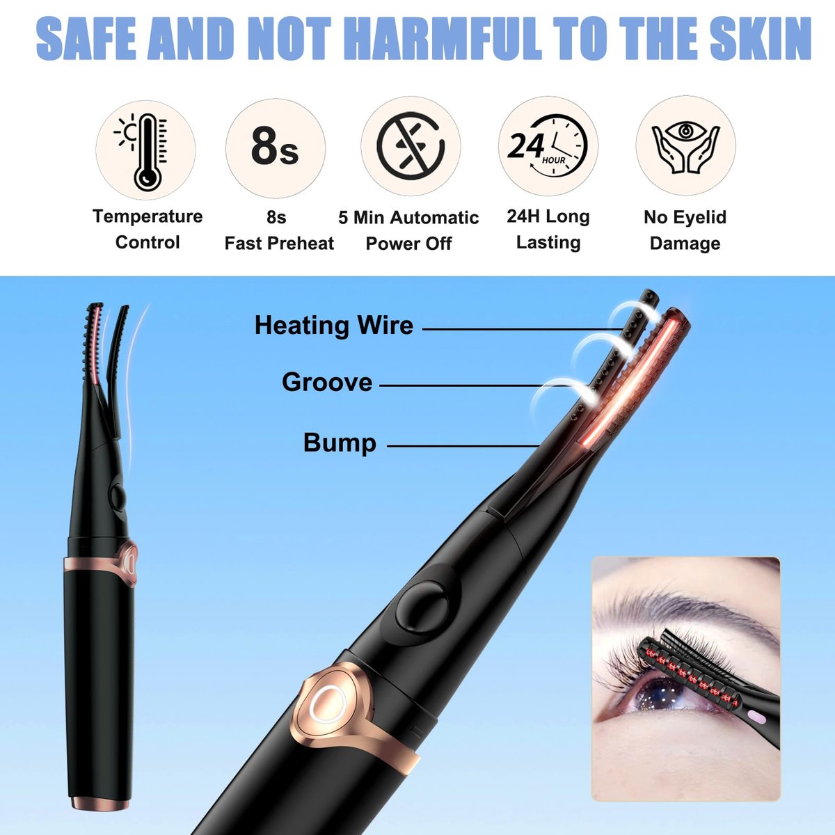 Dust2Oasis 2-in-1 Clip-Type Heated Eyelash Curler – USB Rechargeable, 3 Temperature Settings, Long-Lasting Natural Curl (Shiny Black) Avelisse