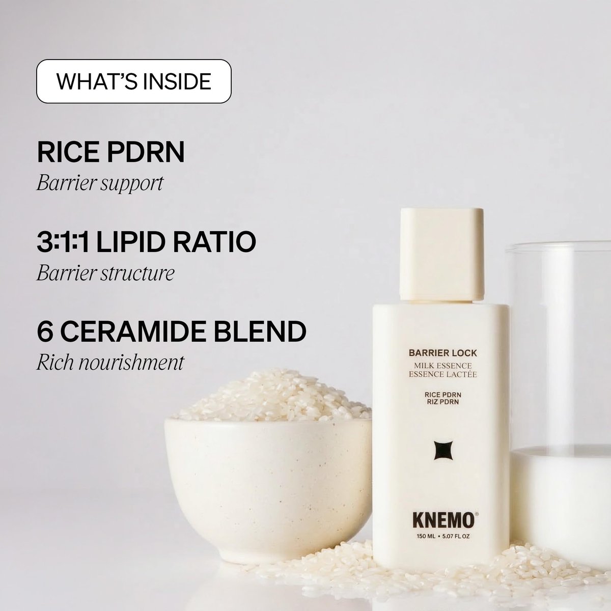 KNEMO BARRIER LOCK Rice PDRN Milk Essence - Intense Hydrating Barrier Repair Toner with 6 Ceramides, Deep Moisture for Dry, Sensitive, & Irritated Skin (5.07 Fl Oz) Avelisse