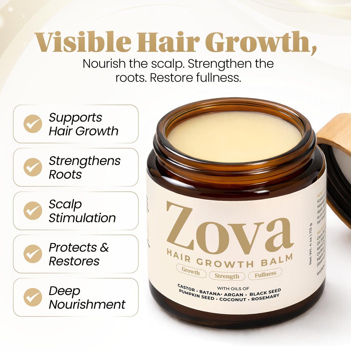 Zova Growth Hair Balm – Batana, Castor, Argan & Rosemary Oil Blend for Thicker, Stronger Hair – Deep Scalp Nourishing Hair Treatment for Men & Women – Natural Hair Repair & Moisturizing Balm 4 oz Avelisse