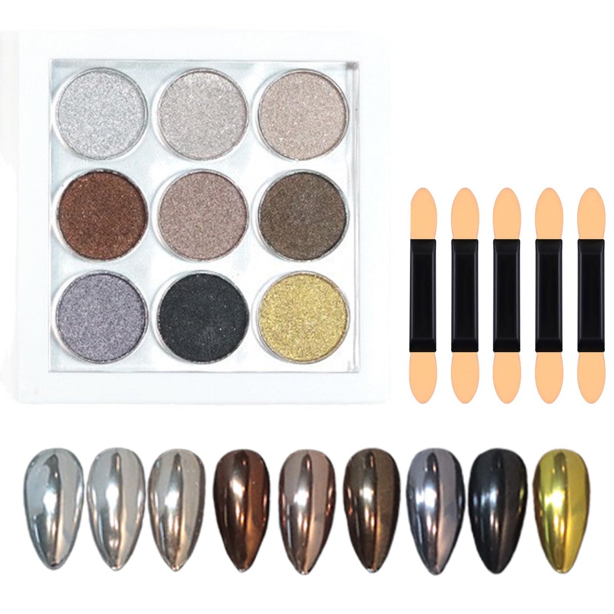 INSEEK Chrome Nail Powder Palette - 9 Colors Metallic Mirror Pigment Glitter Effect Solid Chrome Powder for Nails, Ultra-Fine DIY Nail Art Decoration at Home - görsel 1