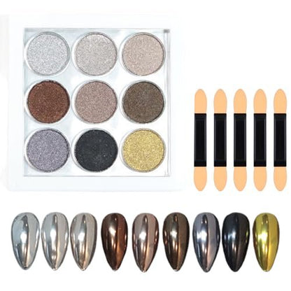 INSEEK Chrome Nail Powder Palette - 9 Colors Metallic Mirror Pigment Glitter Effect Solid Chrome Powder for Nails, Ultra-Fine DIY Nail Art Decoration at Home