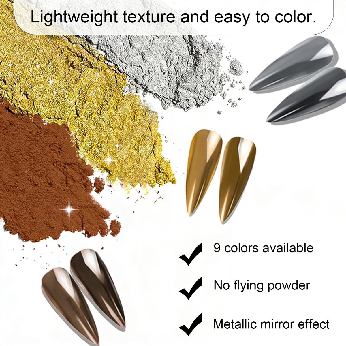 INSEEK Chrome Nail Powder Palette - 9 Colors Metallic Mirror Pigment Glitter Effect Solid Chrome Powder for Nails, Ultra-Fine DIY Nail Art Decoration at Home - görsel 9