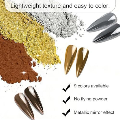 INSEEK Chrome Nail Powder Palette - 9 Colors Metallic Mirror Pigment Glitter Effect Solid Chrome Powder for Nails, Ultra-Fine DIY Nail Art Decoration at Home