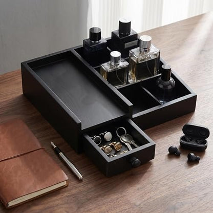 Fengligoo Wooden Cologne Organizer for Men - Adjustable Perfume Display Stand with Black Finish, Dresser Tray for Fragrance Collection - Gift for Men