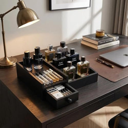 Fengligoo Wooden Cologne Organizer for Men - Adjustable Perfume Display Stand with Black Finish, Dresser Tray for Fragrance Collection - Gift for Men