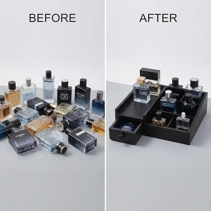Fengligoo Wooden Cologne Organizer for Men - Adjustable Perfume Display Stand with Black Finish, Dresser Tray for Fragrance Collection - Gift for Men