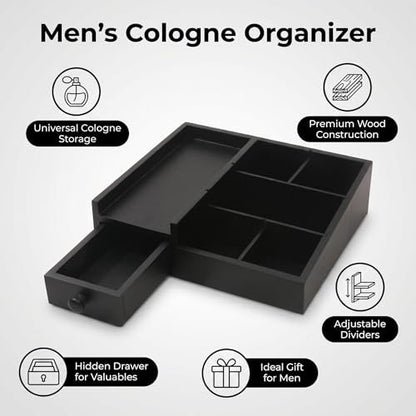 Fengligoo Wooden Cologne Organizer for Men - Adjustable Perfume Display Stand with Black Finish, Dresser Tray for Fragrance Collection - Gift for Men