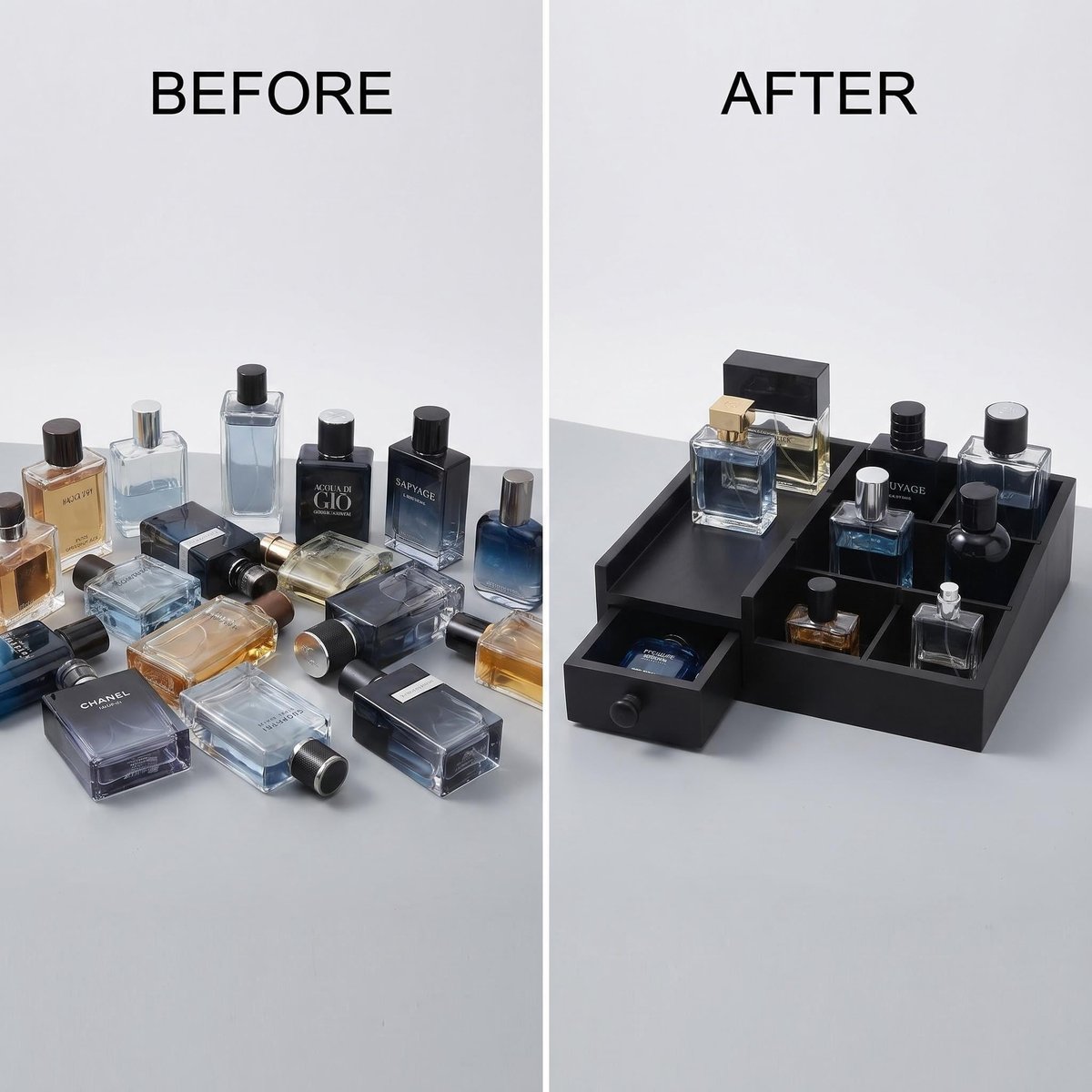 Fengligoo Wooden Cologne Organizer for Men - Adjustable Perfume Display Stand with Black Finish, Dresser Tray for Fragrance Collection - Gift for Men - görsel 9