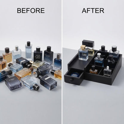 Fengligoo Wooden Cologne Organizer for Men - Adjustable Perfume Display Stand with Black Finish, Dresser Tray for Fragrance Collection - Gift for Men
