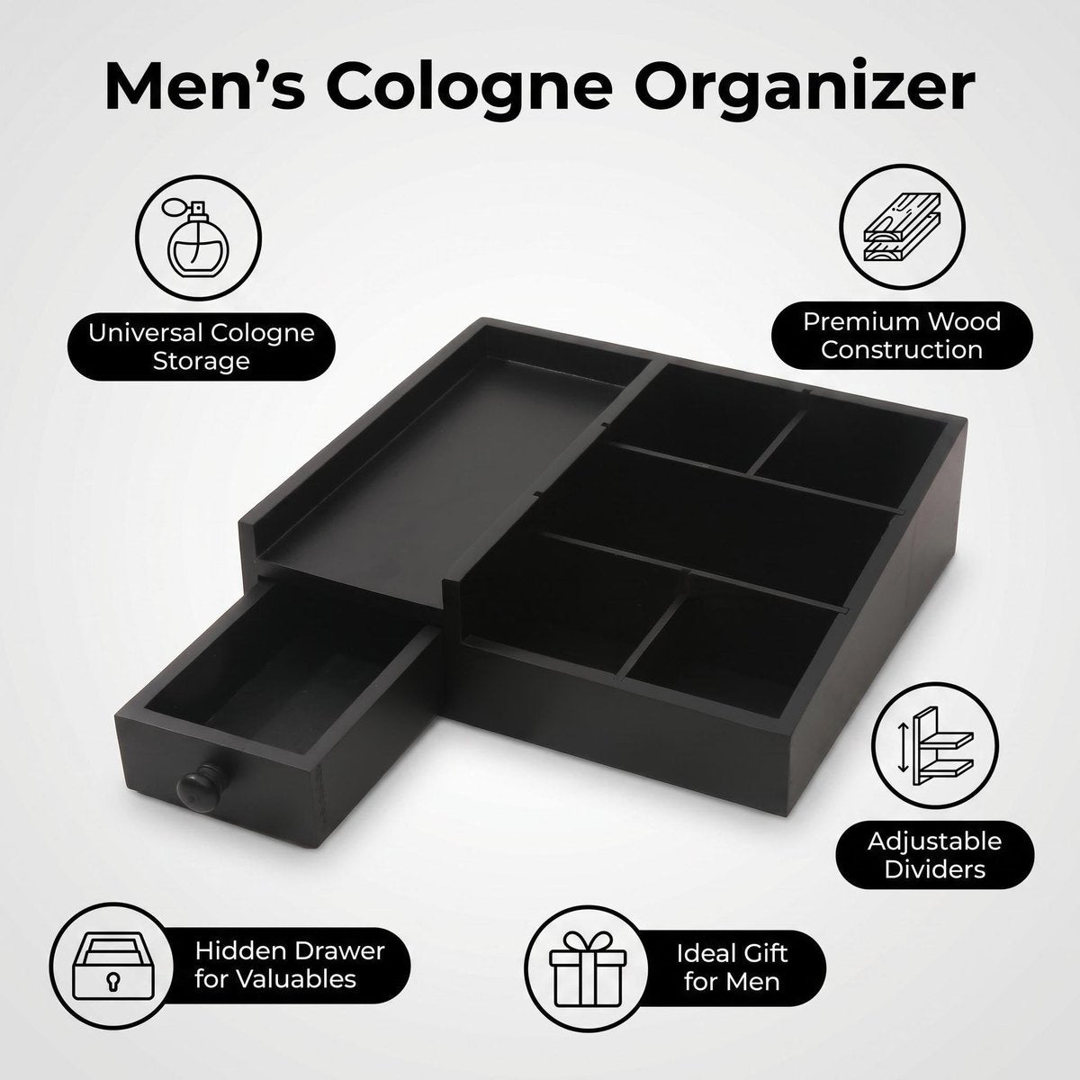 Fengligoo Wooden Cologne Organizer for Men - Adjustable Perfume Display Stand with Black Finish, Dresser Tray for Fragrance Collection - Gift for Men - görsel 15