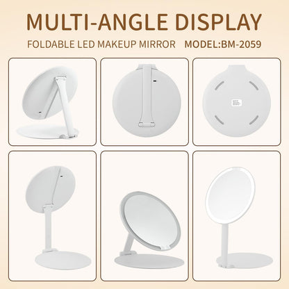 Auilny Vanity Mirror with Lights - Rechargeable LED Makeup Mirror, Smart Touch, 3 Colors Dimmable, Portable Trifold Travel Mirror, White