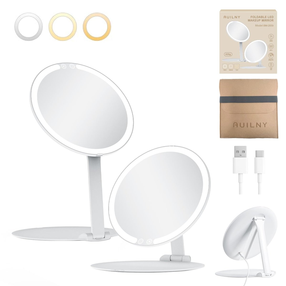 Auilny Vanity Mirror with Lights - Rechargeable LED Makeup Mirror, Smart Touch, 3 Colors Dimmable, Portable Trifold Travel Mirror, White - görsel 1