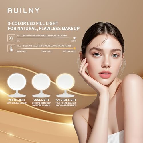 Auilny Vanity Mirror with Lights - Rechargeable LED Makeup Mirror, Smart Touch, 3 Colors Dimmable, Portable Trifold Travel Mirror, White - görsel 12