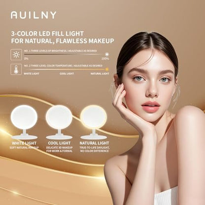 Auilny Vanity Mirror with Lights - Rechargeable LED Makeup Mirror, Smart Touch, 3 Colors Dimmable, Portable Trifold Travel Mirror, White