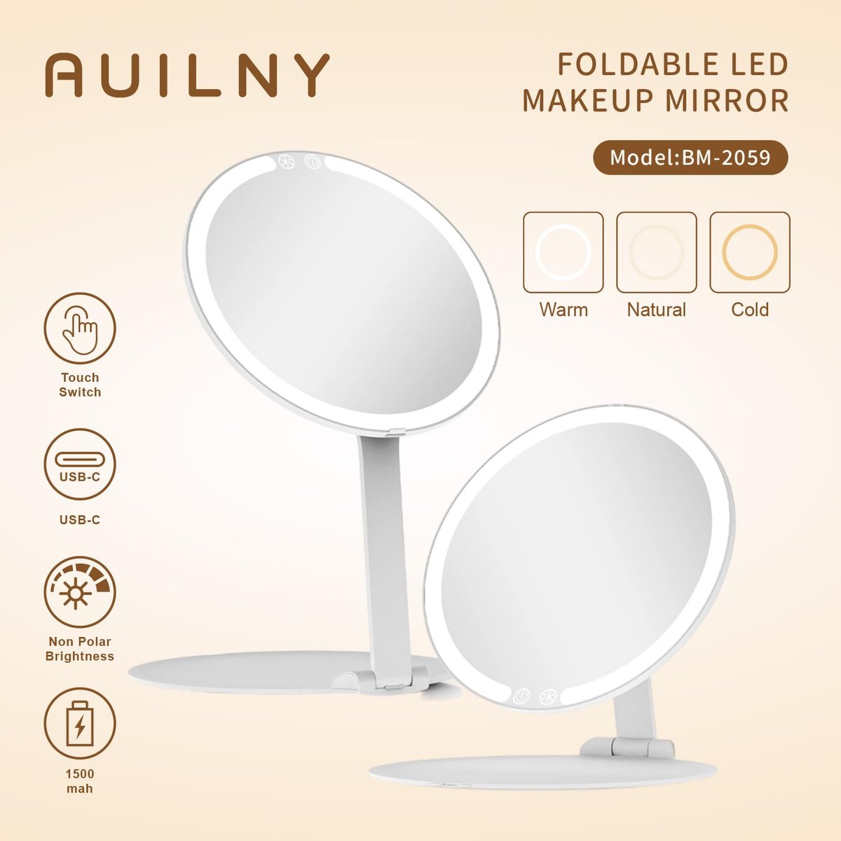 Auilny Vanity Mirror with Lights - Rechargeable LED Makeup Mirror, Smart Touch, 3 Colors Dimmable, Portable Trifold Travel Mirror, White - görsel 5