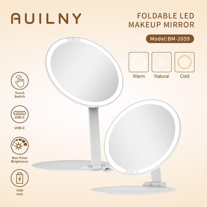 Auilny Vanity Mirror with Lights - Rechargeable LED Makeup Mirror, Smart Touch, 3 Colors Dimmable, Portable Trifold Travel Mirror, White