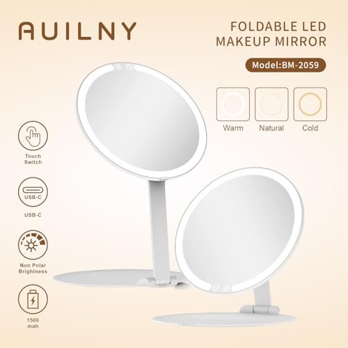 Auilny Vanity Mirror with Lights - Rechargeable LED Makeup Mirror, Smart Touch, 3 Colors Dimmable, Portable Trifold Travel Mirror, White - görsel 6