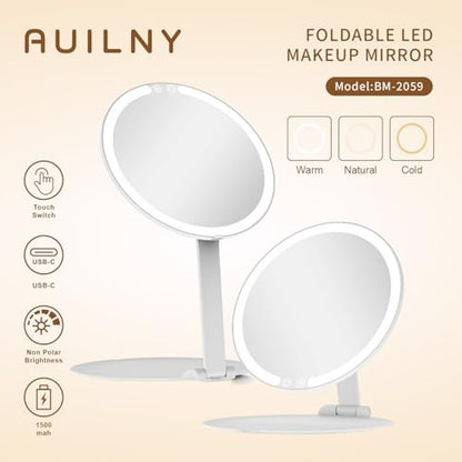 Auilny Vanity Mirror with Lights - Rechargeable LED Makeup Mirror, Smart Touch, 3 Colors Dimmable, Portable Trifold Travel Mirror, White