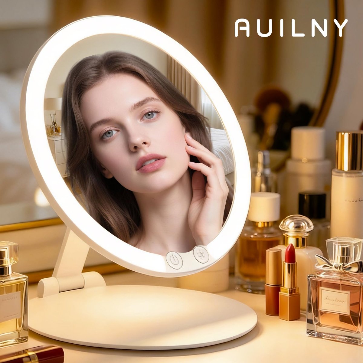 Auilny Vanity Mirror with Lights - Rechargeable LED Makeup Mirror, Smart Touch, 3 Colors Dimmable, Portable Trifold Travel Mirror, White - görsel 13