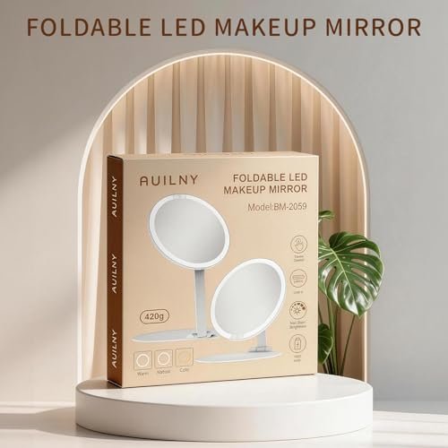 Auilny Vanity Mirror with Lights - Rechargeable LED Makeup Mirror, Smart Touch, 3 Colors Dimmable, Portable Trifold Travel Mirror, White - görsel 4