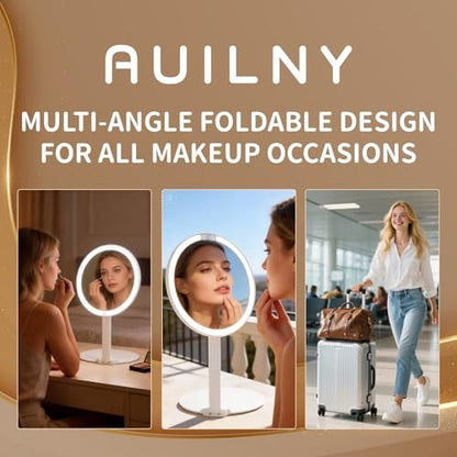 Auilny Vanity Mirror with Lights - Rechargeable LED Makeup Mirror, Smart Touch, 3 Colors Dimmable, Portable Trifold Travel Mirror, White
