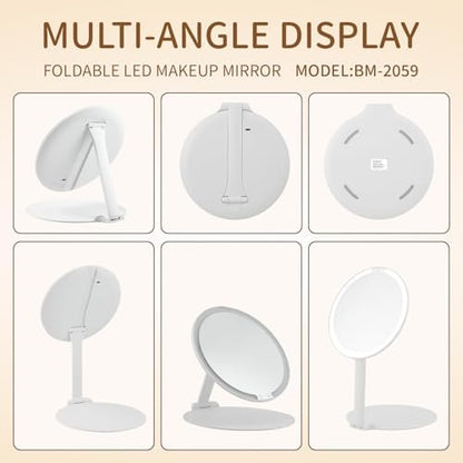 Auilny Vanity Mirror with Lights - Rechargeable LED Makeup Mirror, Smart Touch, 3 Colors Dimmable, Portable Trifold Travel Mirror, White