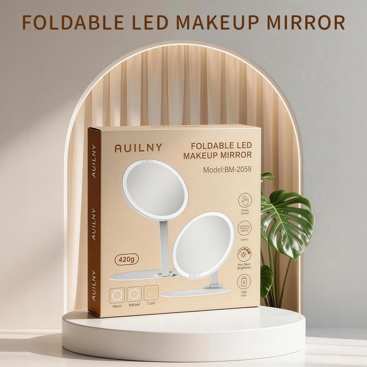 Auilny Vanity Mirror with Lights - Rechargeable LED Makeup Mirror, Smart Touch, 3 Colors Dimmable, Portable Trifold Travel Mirror, White - görsel 3