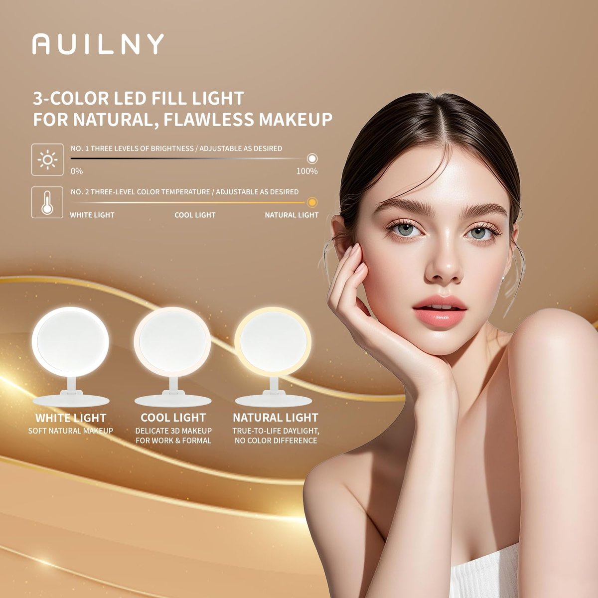 Auilny Vanity Mirror with Lights - Rechargeable LED Makeup Mirror, Smart Touch, 3 Colors Dimmable, Portable Trifold Travel Mirror, White - görsel 11