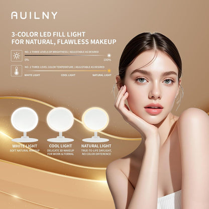 Auilny Vanity Mirror with Lights - Rechargeable LED Makeup Mirror, Smart Touch, 3 Colors Dimmable, Portable Trifold Travel Mirror, White