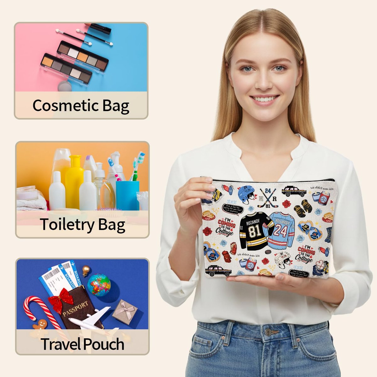 Repnalm Merch Makeup Bag for Women – Canvas Cosmetic Bag for Her, Mother, Friend (White, 10"x7"x2") - görsel 9