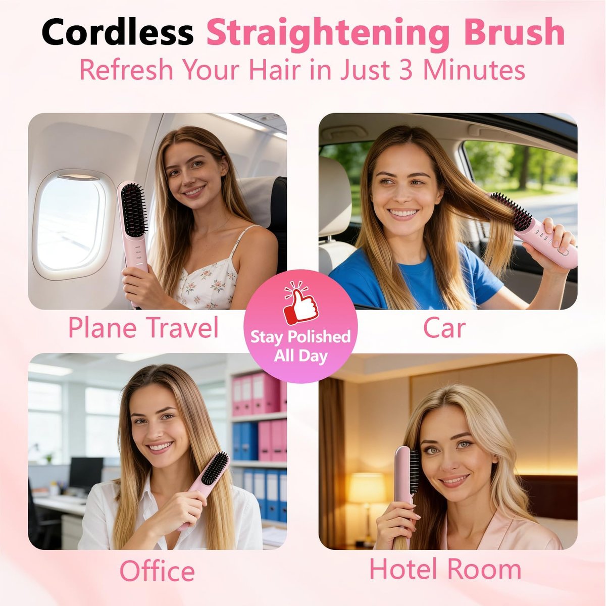 Go Brush Pro for Short Hair - Cordless Hair Straightening Brush, 4 Temperature Settings, Fast Heat, MCH Ceramic Care, 4000mAh Rechargeable, Frizz-Free Styling (Pink) Avelisse