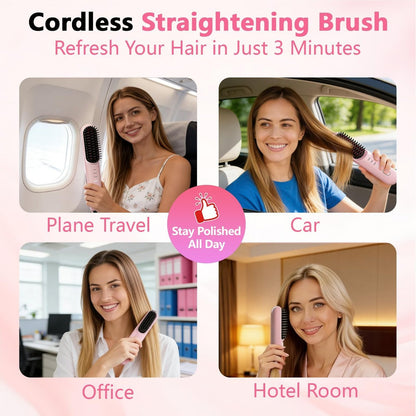 Go Brush Pro for Short Hair - Cordless Hair Straightening Brush, 4 Temperature Settings, Fast Heat, MCH Ceramic Care, 4000mAh Rechargeable, Frizz-Free Styling (Pink) Avelisse