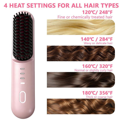 Go Brush Pro for Short Hair - Cordless Hair Straightening Brush, 4 Temperature Settings, Fast Heat, MCH Ceramic Care, 4000mAh Rechargeable, Frizz-Free Styling (Pink) Avelisse