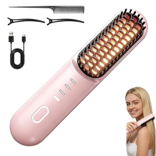 Go Brush Pro for Short Hair - Cordless Hair Straightening Brush, 4 Temperature Settings, Fast Heat, MCH Ceramic Care, 4000mAh Rechargeable, Frizz-Free Styling (Pink) Avelisse