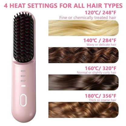 Go Brush Pro for Short Hair - Cordless Hair Straightening Brush, 4 Temperature Settings, Fast Heat, MCH Ceramic Care, 4000mAh Rechargeable, Frizz-Free Styling (Pink) Avelisse