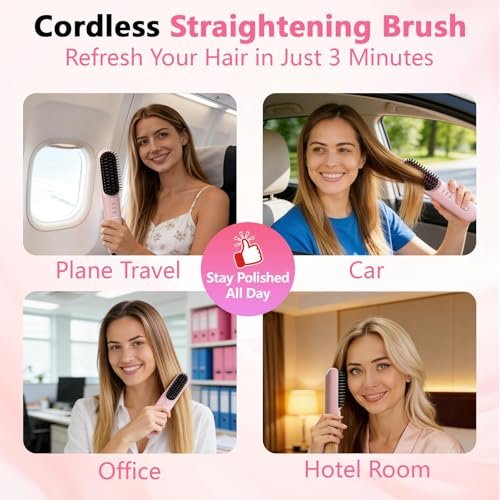 Go Brush Pro for Short Hair - Cordless Hair Straightening Brush, 4 Temperature Settings, Fast Heat, MCH Ceramic Care, 4000mAh Rechargeable, Frizz-Free Styling (Pink) Avelisse