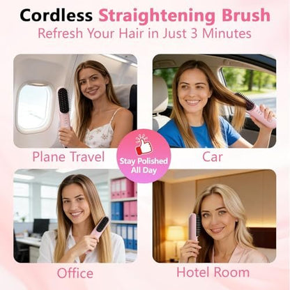 Go Brush Pro for Short Hair - Cordless Hair Straightening Brush, 4 Temperature Settings, Fast Heat, MCH Ceramic Care, 4000mAh Rechargeable, Frizz-Free Styling (Pink) Avelisse