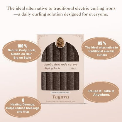 Togayu Heatless Curls Overnight Set - 6PCS Jumbo Velvet Hair Rollers for No-Damage, Effortless Curls & Waves Avelisse