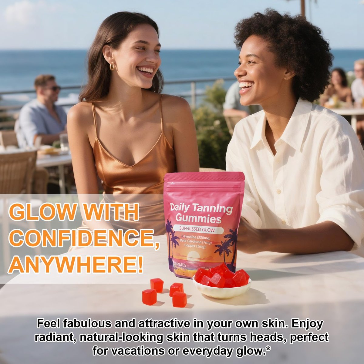 Daily Tanning Gummies with L-Tyrosine, Beta-Carotene & Copper – Watermelon Flavor, 60 Count for Natural Sun-Kissed Glow & Skin Nourishment Avelisse