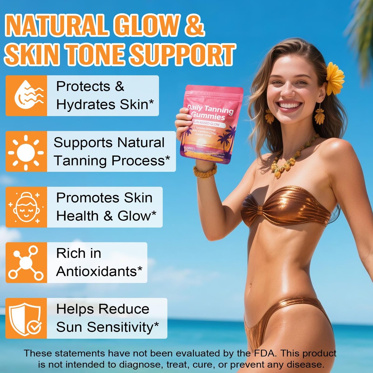 Daily Tanning Gummies with L-Tyrosine, Beta-Carotene & Copper – Watermelon Flavor, 60 Count for Natural Sun-Kissed Glow & Skin Nourishment Avelisse