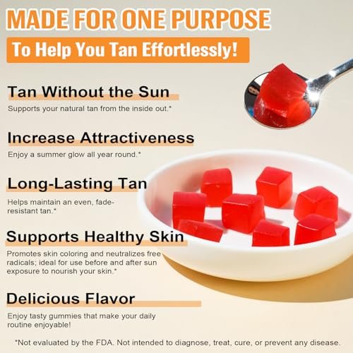 Daily Tanning Gummies with L-Tyrosine, Beta-Carotene & Copper – Watermelon Flavor, 60 Count for Natural Sun-Kissed Glow & Skin Nourishment Avelisse