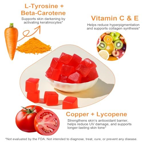 Daily Tanning Gummies with L-Tyrosine, Beta-Carotene & Copper – Watermelon Flavor, 60 Count for Natural Sun-Kissed Glow & Skin Nourishment Avelisse
