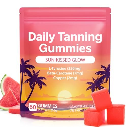 Daily Tanning Gummies with L-Tyrosine, Beta-Carotene & Copper – Watermelon Flavor, 60 Count for Natural Sun-Kissed Glow & Skin Nourishment Avelisse