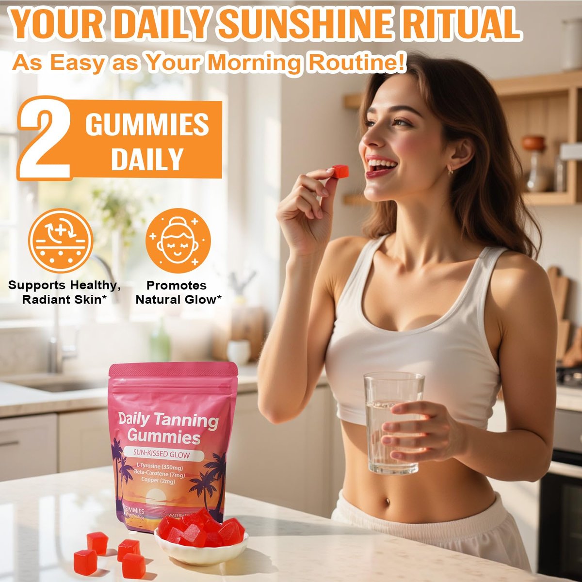Daily Tanning Gummies with L-Tyrosine, Beta-Carotene & Copper – Watermelon Flavor, 60 Count for Natural Sun-Kissed Glow & Skin Nourishment Avelisse