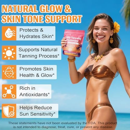 Daily Tanning Gummies with L-Tyrosine, Beta-Carotene & Copper – Watermelon Flavor, 60 Count for Natural Sun-Kissed Glow & Skin Nourishment Avelisse