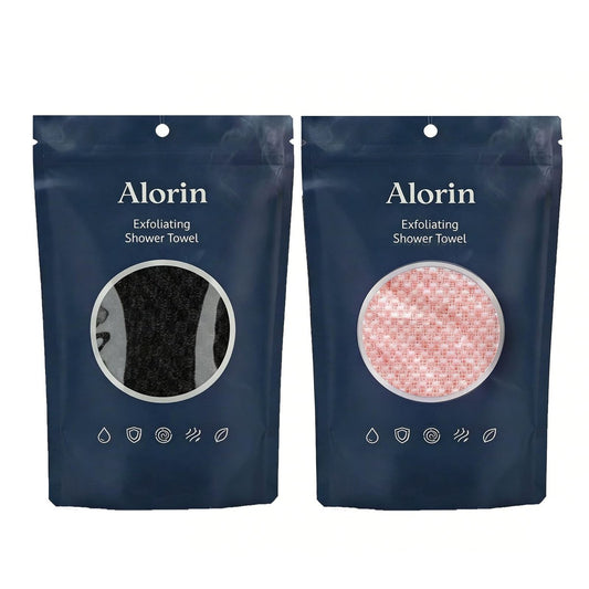 Alorin Exfoliating Shower Towel 2-Pack – Deep Exfoliating, Soft & Gentle Body Scrub Towel for Smooth Skin (Black + Pink, 40 inches)