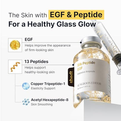 SUNGBOON EDITOR Glow Intensive Silk Peptide EGF Ampoule - Copper Peptides Serum with Collagen & Multi Peptides for Hydrated, Smooth-Looking Skin, 1.35 fl oz Avelisse